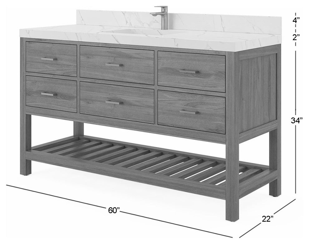 Parker Teak 60" Single Sink Bath Vanity in Golden Teak 2" White Quartz