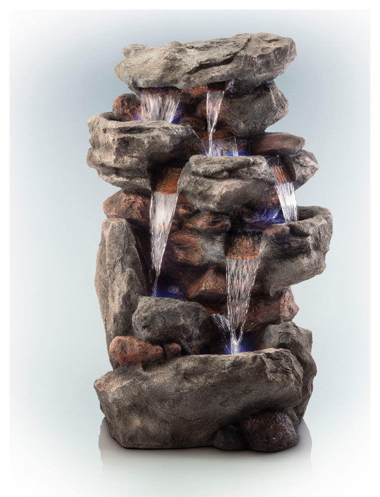 52" Tall Outdoor 5-Tier Rainforest Rock Water Fountain with LED Lights