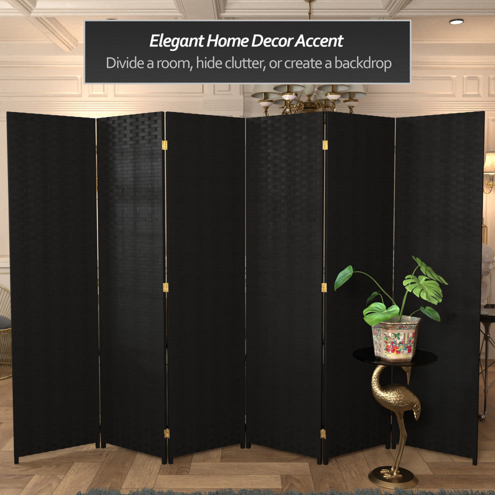 6' Tall Woven Fiber Room Divider, 6 Panel, Black