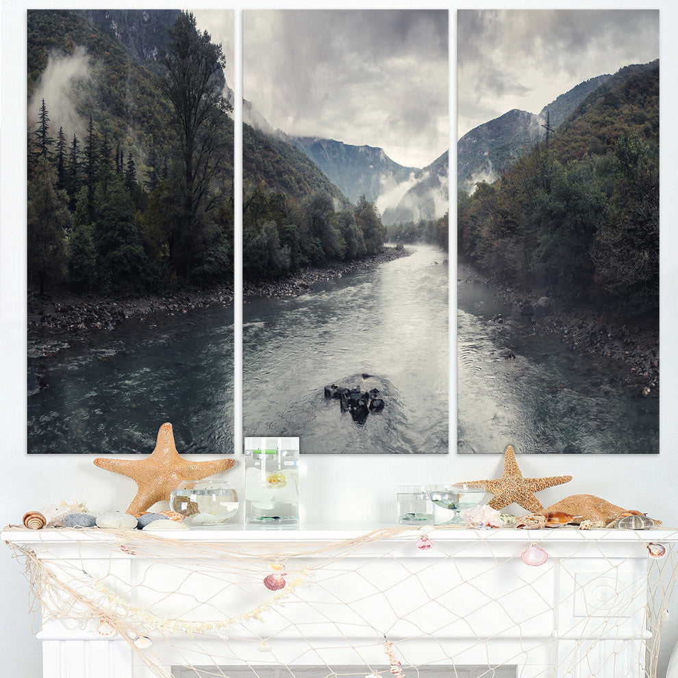 "Mountain River With Fog and Rain" Metal Wall Art, 3 Panels, 36"x28"