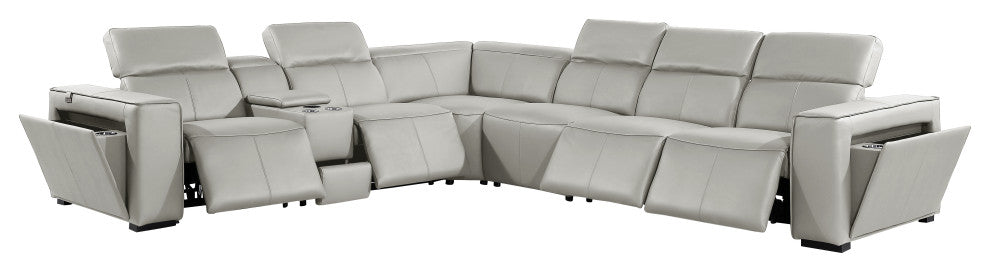 Niccolo Italian Leather 7-Piece L-Shaped Power Reclining Sectional, Light Gray