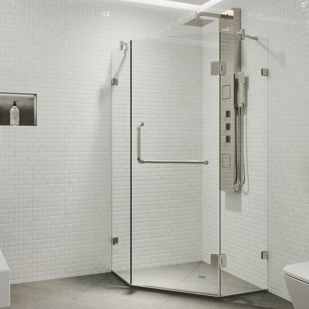 VIGO Piedmont Frameless Hinged Neo-Angle Shower Enclosure, Brushed Nickel, 40" D X 40" W, Without Base