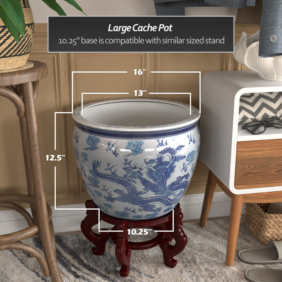 16" Dragon Blue and White Porcelain Fishbowl