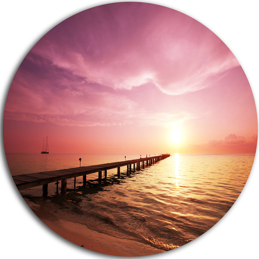 Long Boardwalk Into Sunset Sea, Sea Bridge Round Wall Art, 23"