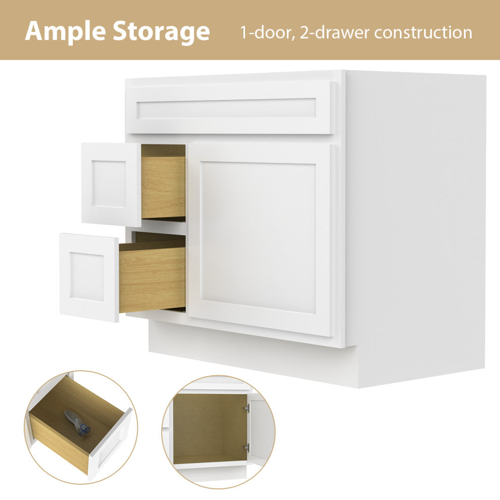Vanity Art Vanity Base Cabinet, No Top, Drawers on Left, 36", White