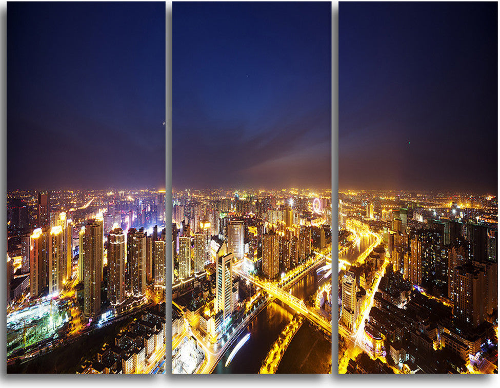 "Downtown Nighttime Panorama" Metal Wall Art, 3 Panels, 36"x28"