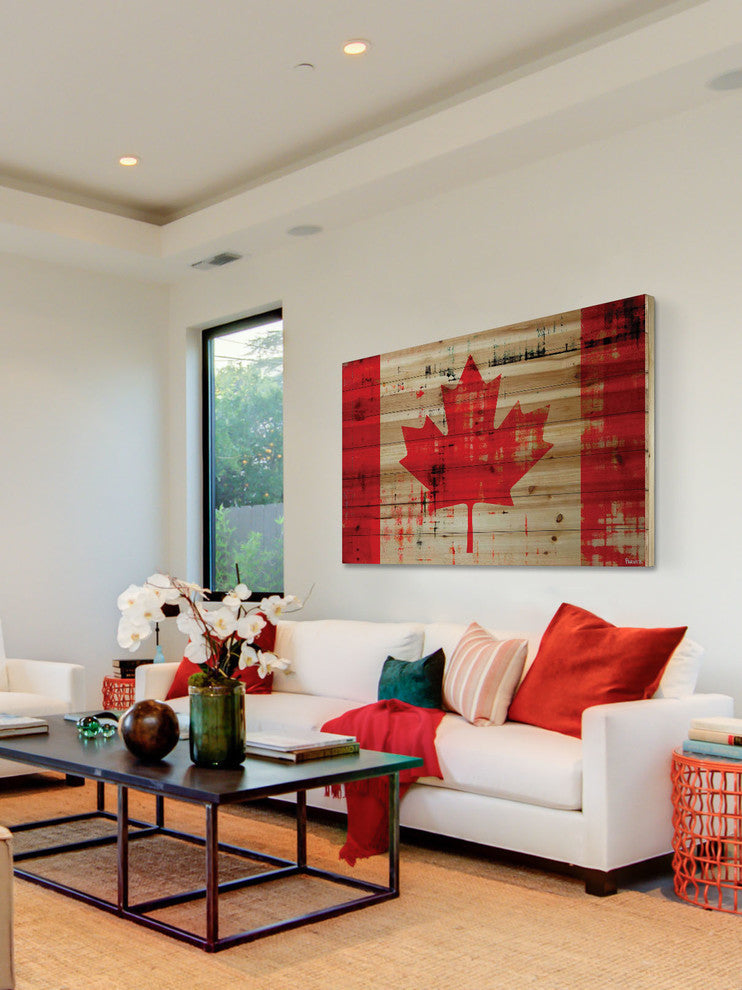 "Bright Red Leaf" Print on Natural Pine Wood, 36"x24"