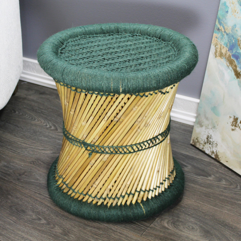 Natural Geo Moray Decorative Handwoven Jute Accent Stool, Set of 2, Green