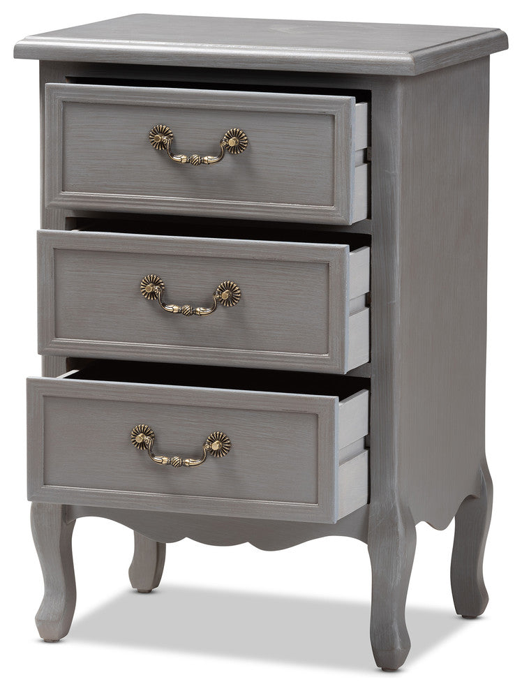 Bruno Country Wood 3-Drawer Nightstand, Cottage Gray