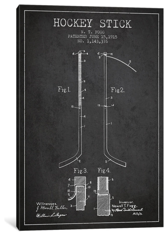 "Hockey Stick Charcoal Patent Blueprint" by Aged Pixel, 26x18x1.5