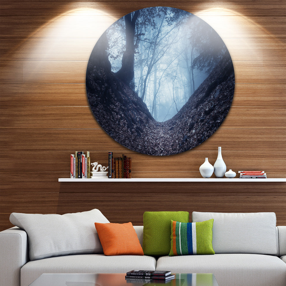 Sunlight Hitting Foggy Forest, Landscape Photo Disc Metal Wall Art, 23"