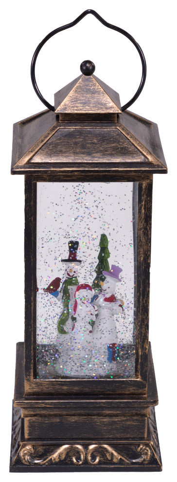 11"H Indoor Lantern Snowman Snow Globe Holiday Decoration with LED Light, Bronze