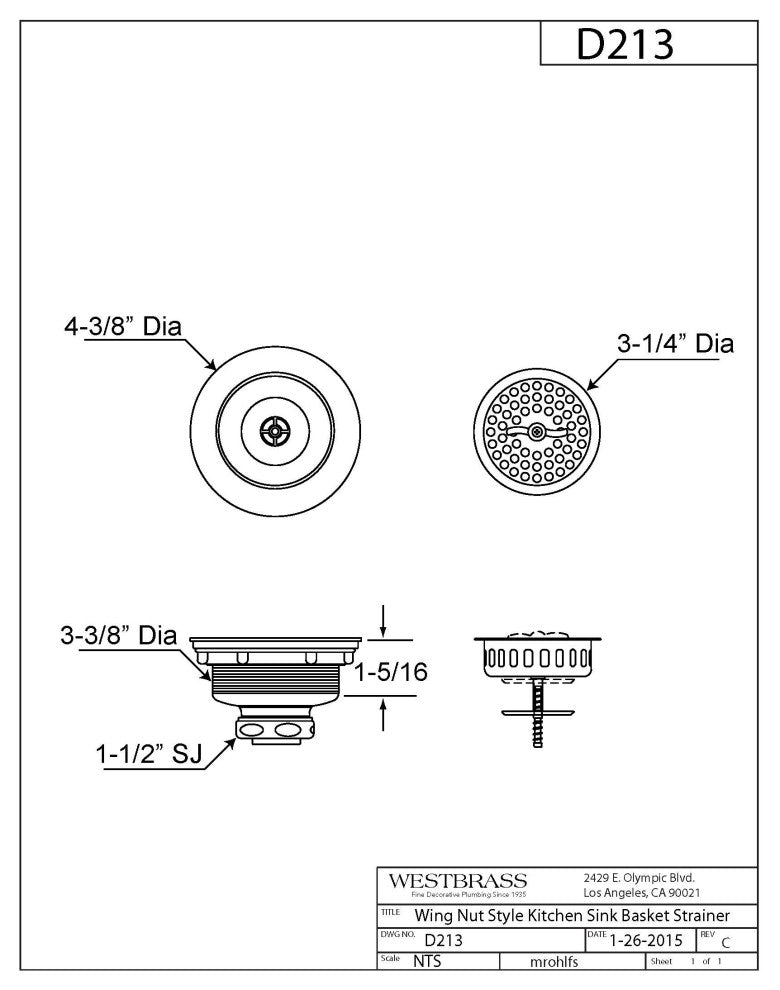 Wing Nut Style Large Kitchen Basket Strainer, Antique Copper, Stainless Steel
