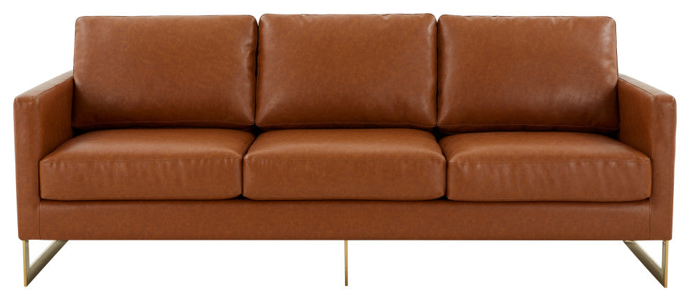 LeisureMod Lincoln Modern Leather Sofa With Gold Frame, Cognac Tan