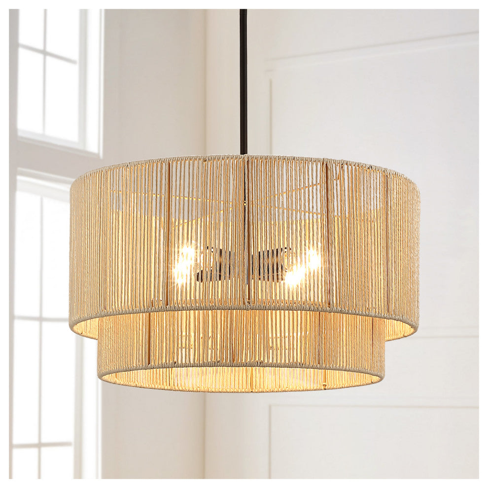 22" W 4-Light Rattan Tiered Drum Chandelier Light With Black Canopy, Beige