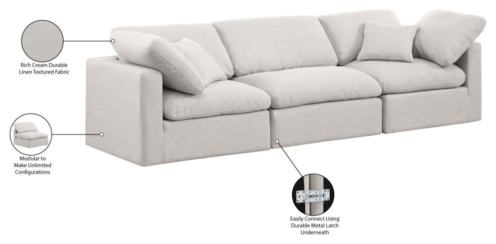 Indulge Upholstered Modular Sofa, Cream, 3-Piece: 1 Armless Chair, 2 Corner Chair, Down Stuffed Linen Textured Fabric