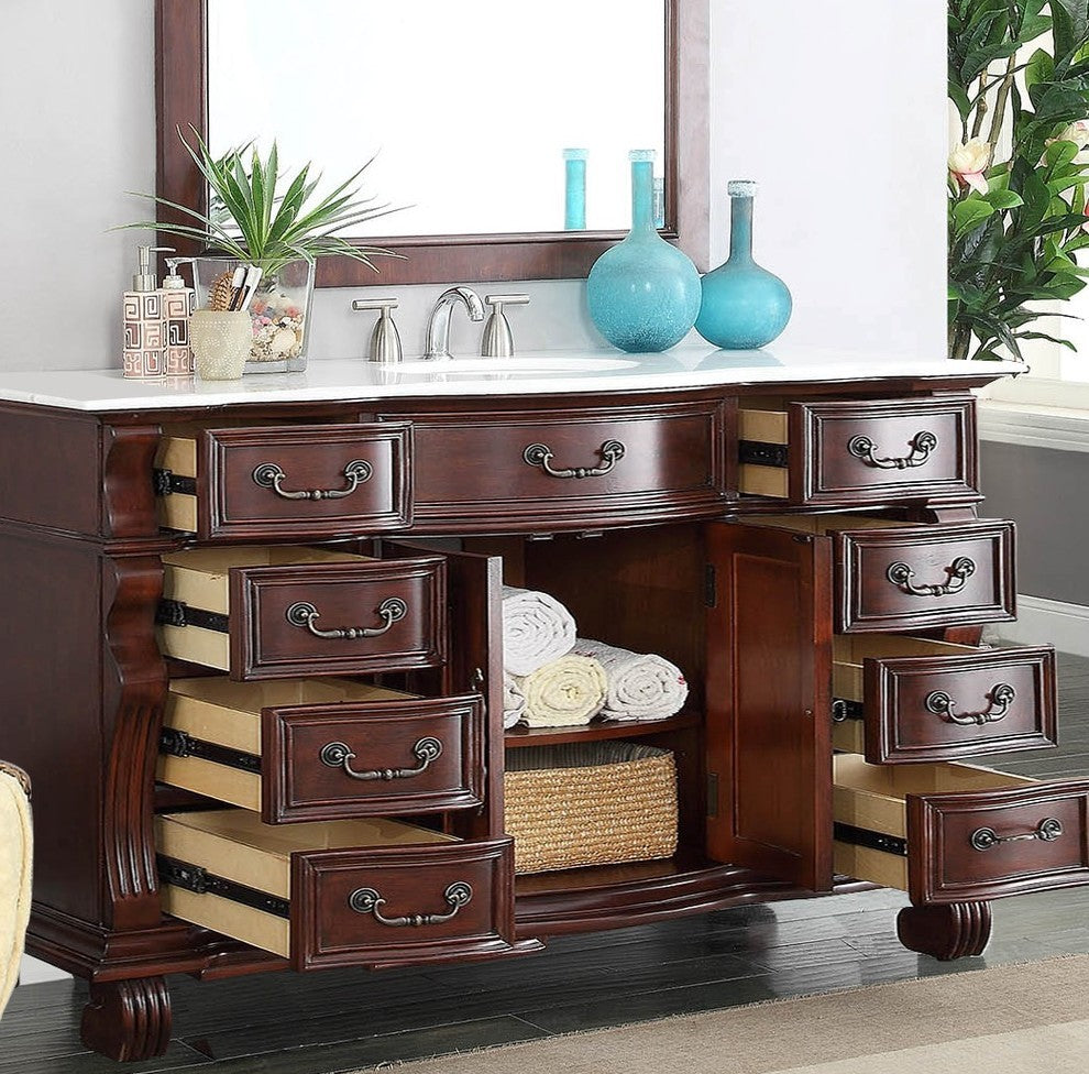 60 inch Cherry Wood Hopkinton Bathroom Sink Vanity White Marble Top