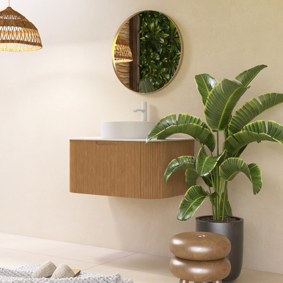 Wall-Mounted Bathroom Vanity With White Round Ceramic Basin, Natural Wood, 30"