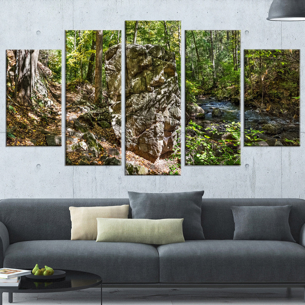 "Huge Rock in Black River Shore" Landscape Wall Art Wall Art, 5 Panels, 60"x32"