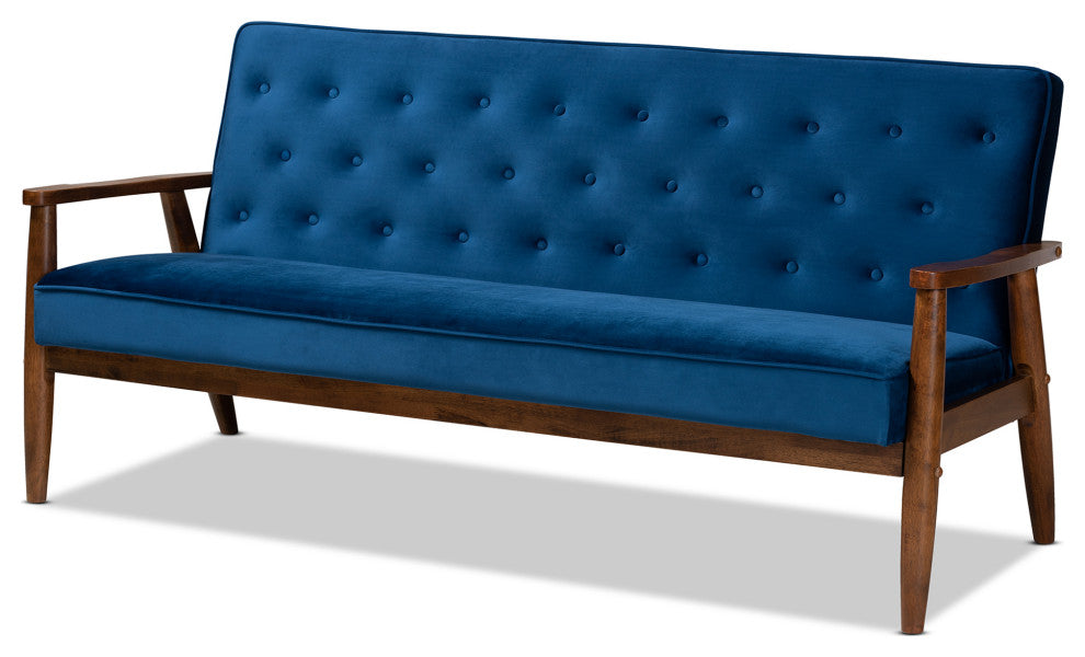 Sorrento Navy Blue Velvet Fabric Walnut Wooden 3-Seater Sofa