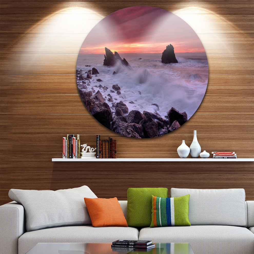 Force Of Sea Hitting Rocky Coast, Seascape Round Metal Wall Art, 11"