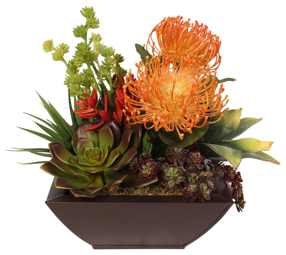 Contemporary Tropical Artificial Succulent Arrangement in a Metal Container