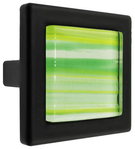 Hand Brushed Yellow Green Stripes Crystal Glass Black Metal Square Manor Knob