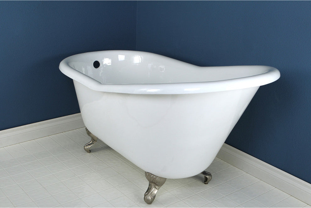 60" Single Slipper Clawfoot Tub No Faucet Drillings, White/Brushed Nickel
