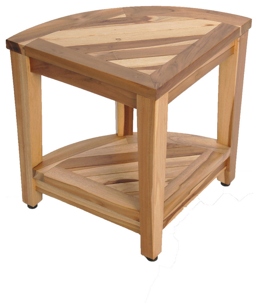 Ecodecors Earthyteak Corner Teak Shower Stool, 16"x16"x18", With Shelf