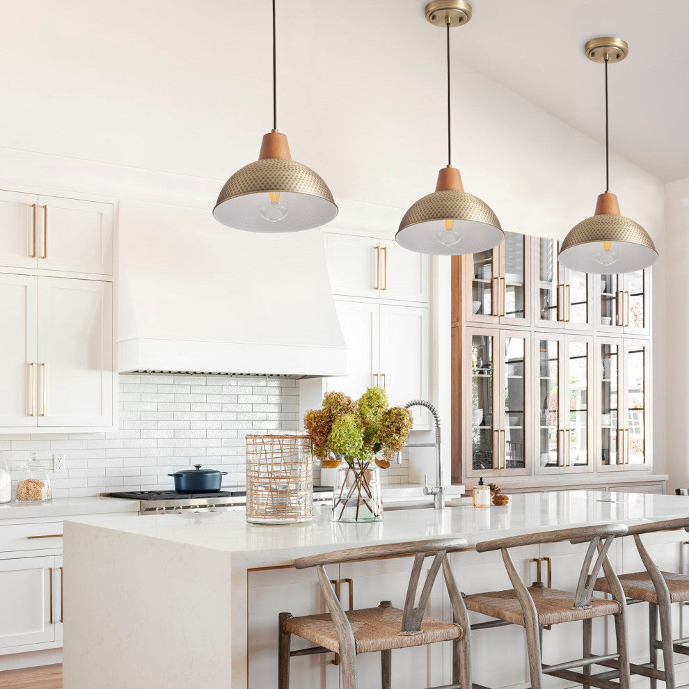 Industrial Farmhouse Pendant Light With Metal Shade and Wood Grain Design, Gold