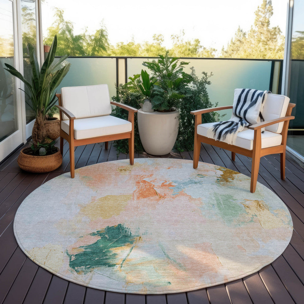 Machine Washable Indoor/Outdoor Chantille ACN1914 Peach 8' x 8' Round Rug