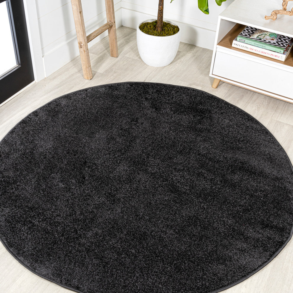 Haze Solid Low-Pile Runner Rug, Black, 5' Round