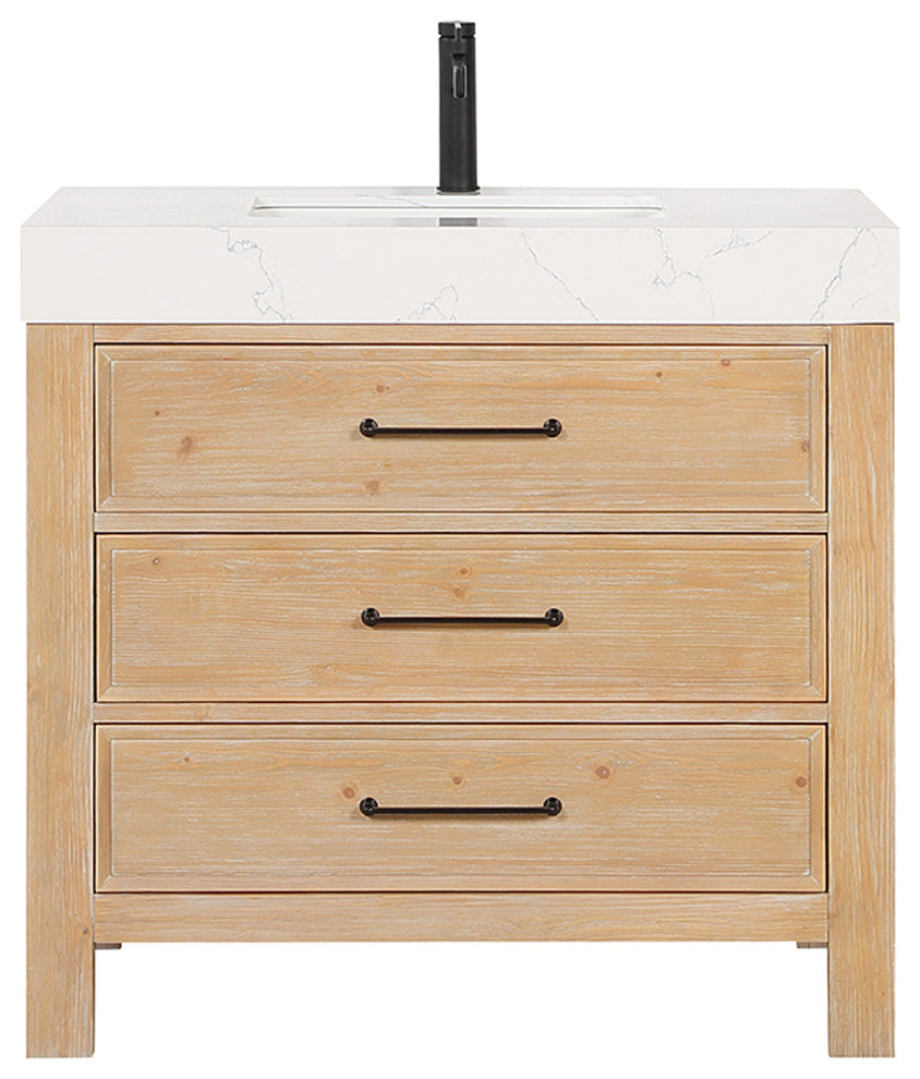 Leon Bath Vanity With Composite Stone Top, Fir Wood Brown, 36", No Mirror