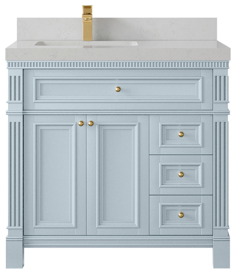 Paris 36" Left Offset Bathroom Vanity, Blue Heather 2" Carrara Quartz