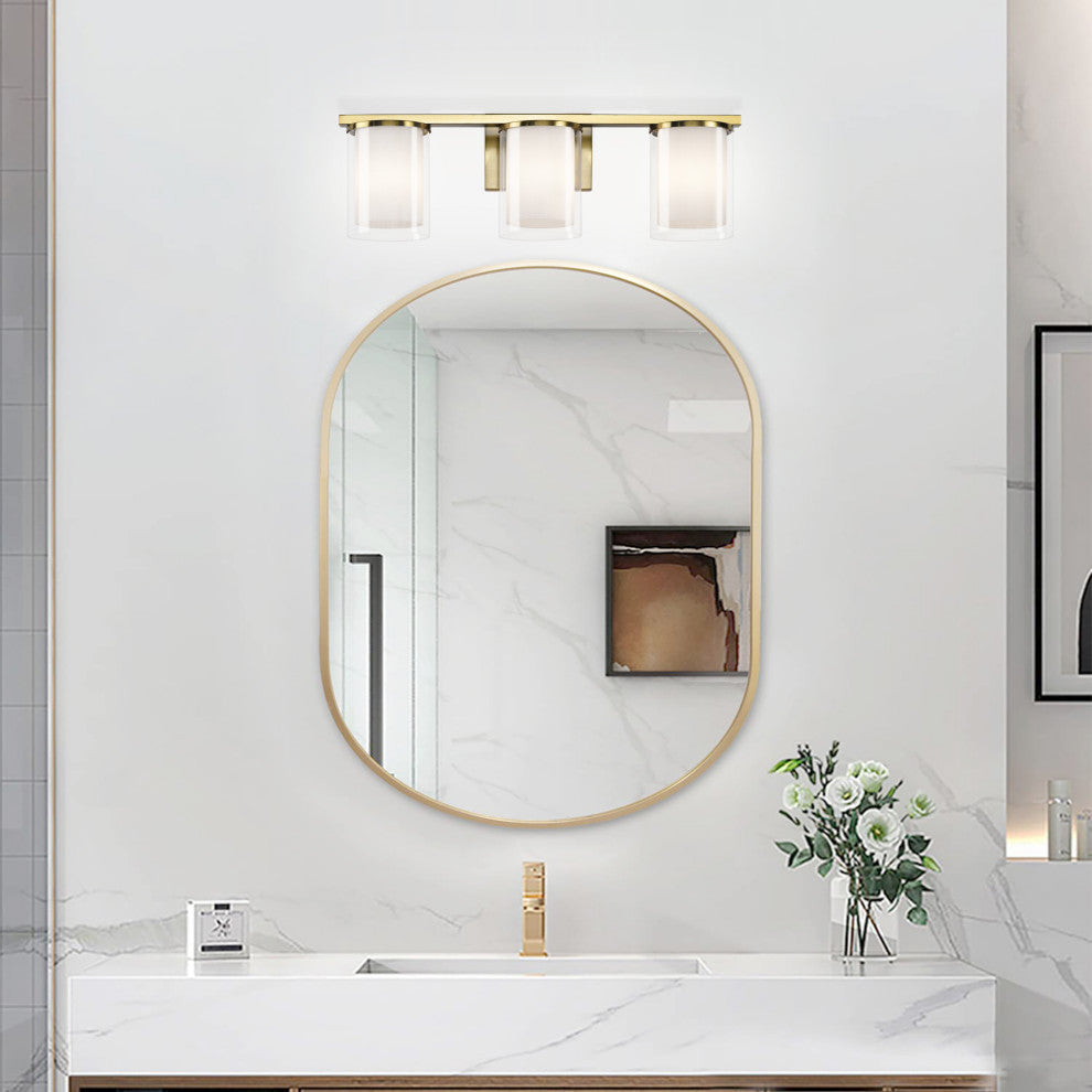 3-Light Gold Modern Vanity Light With Clear Glass and White Glass Dual Shades