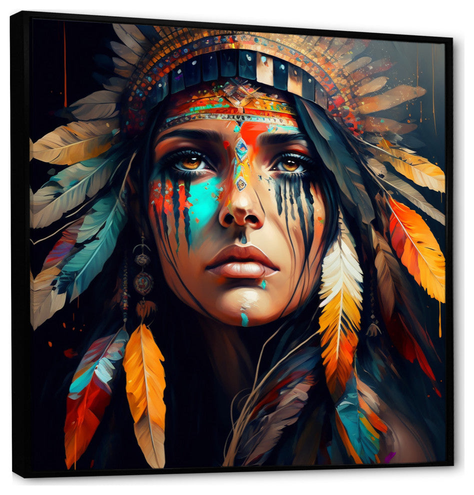 Colorful Native American Woman III Framed Canvas, 16x16, Black