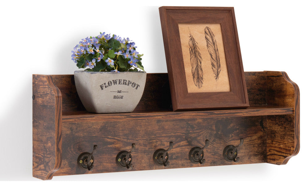 Danya B. Entryway Floating Utility Wall Shelf with Hooks "“ Wall Mounted, Pine