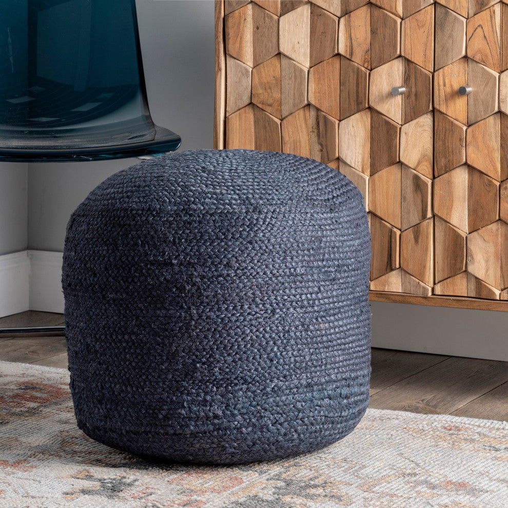 Nuloom Braided Evita Jute Natural, Fiber Cable Pouf, Blue