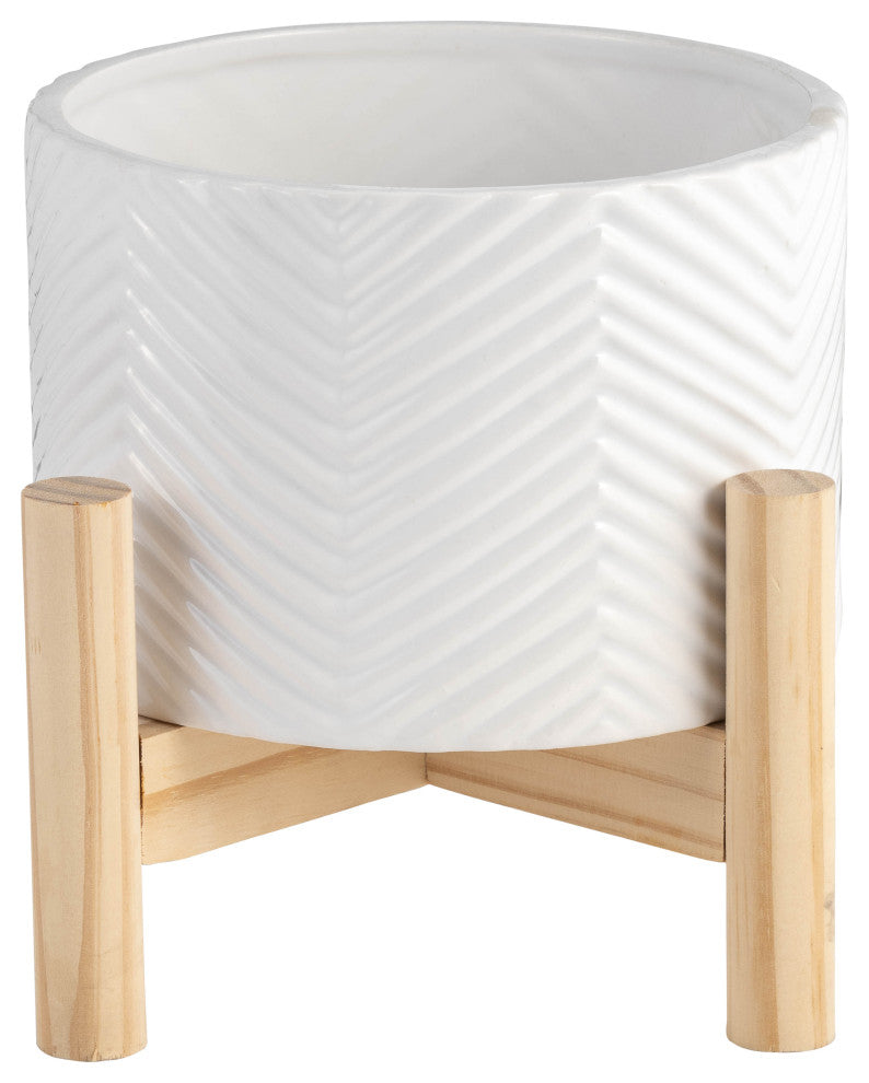 6" Ceramic Chevron Planter With Wood Stand, White