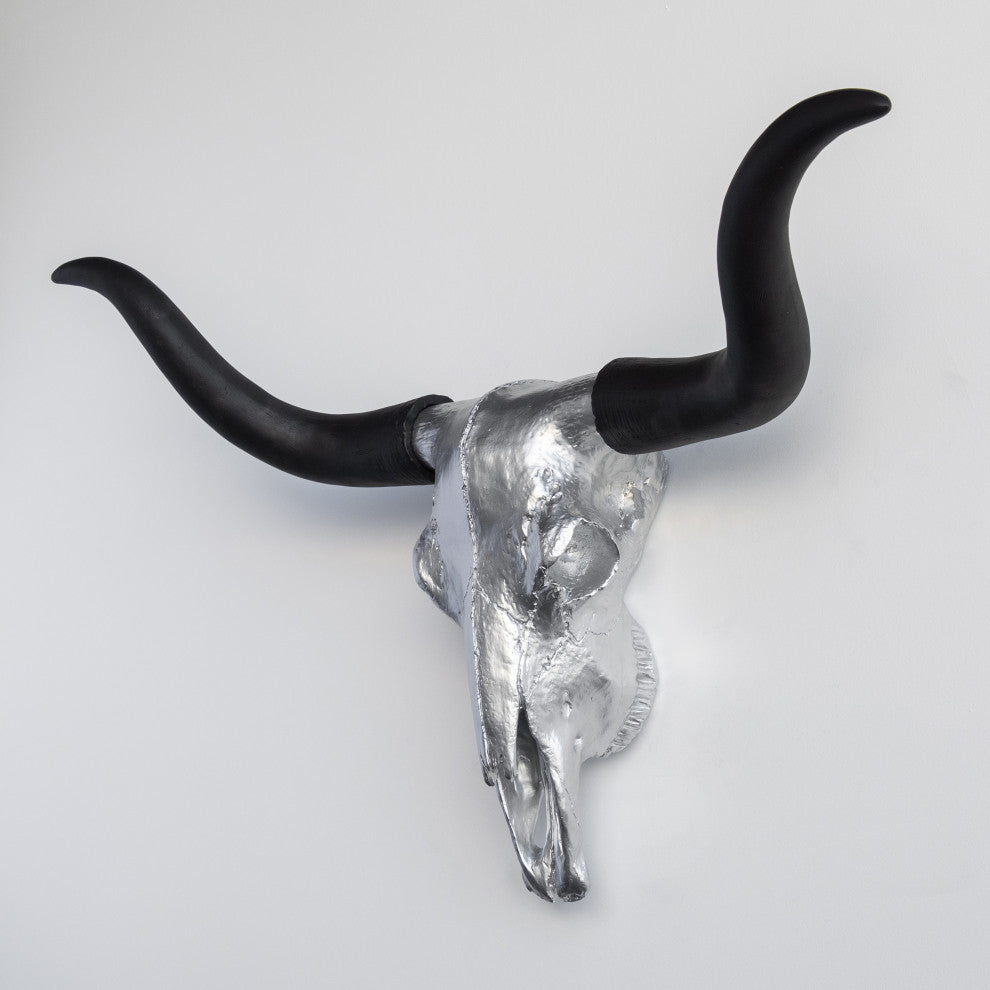 Large Faux Skull Texas Longhorn, Silver/Black