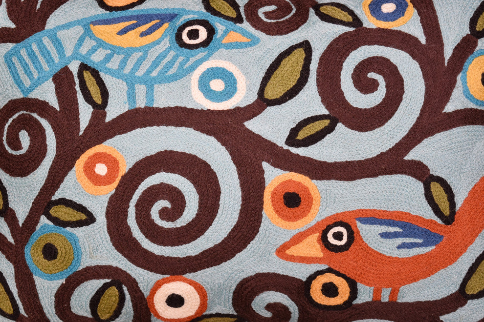 Lumbar Blue Tree Of Life Pillow Cover Birds Accent Pillows Handmade Wool 14x20"