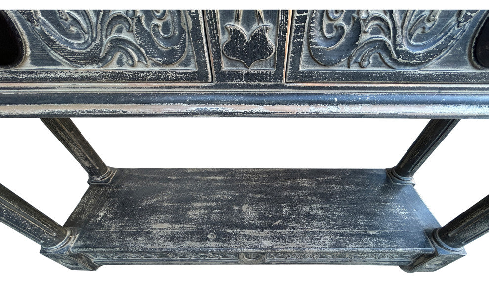 Distressed Black Gray Relief Floral Motif Tall Credenza Console Cabinet Hws4346