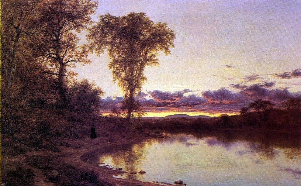 Jervis McEntee Twilight, a Stroll by the Shore Premium Canvas Print