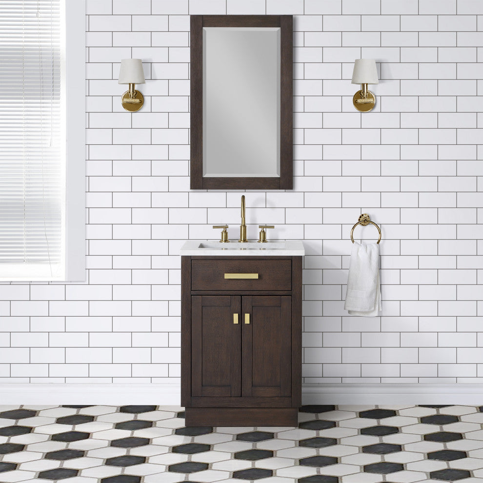 Chestnut 24" Bath Vanity, Brown Oak, Faucet, Satin Gold Hardware