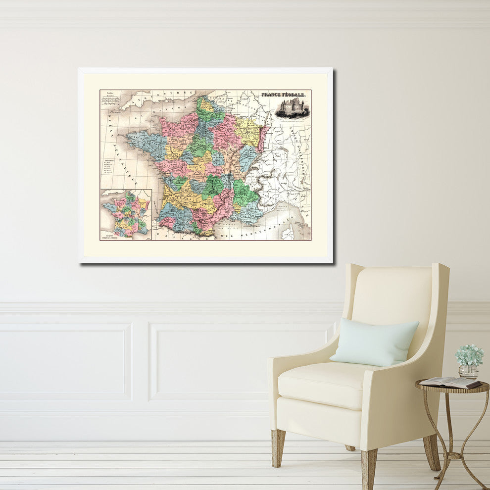 Midlevel France Crusades Old Map Print On Canvas With Picture Frame 28" X 37"