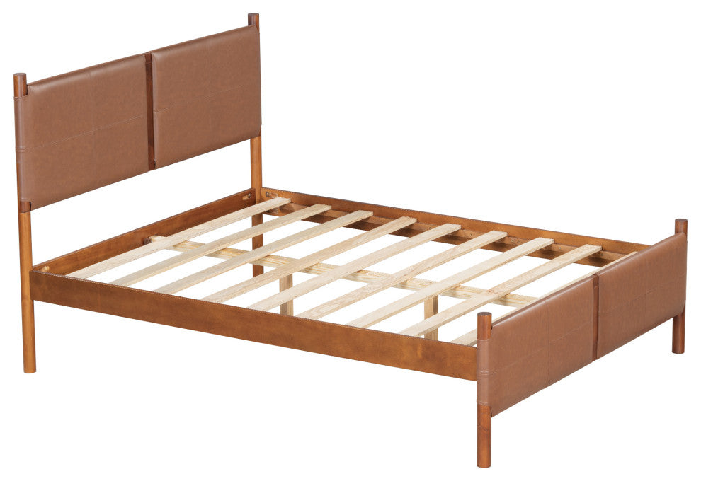 GDF Studio Queen Platform Bed With Upholstered PU Headboard & Wood Frame, Brown
