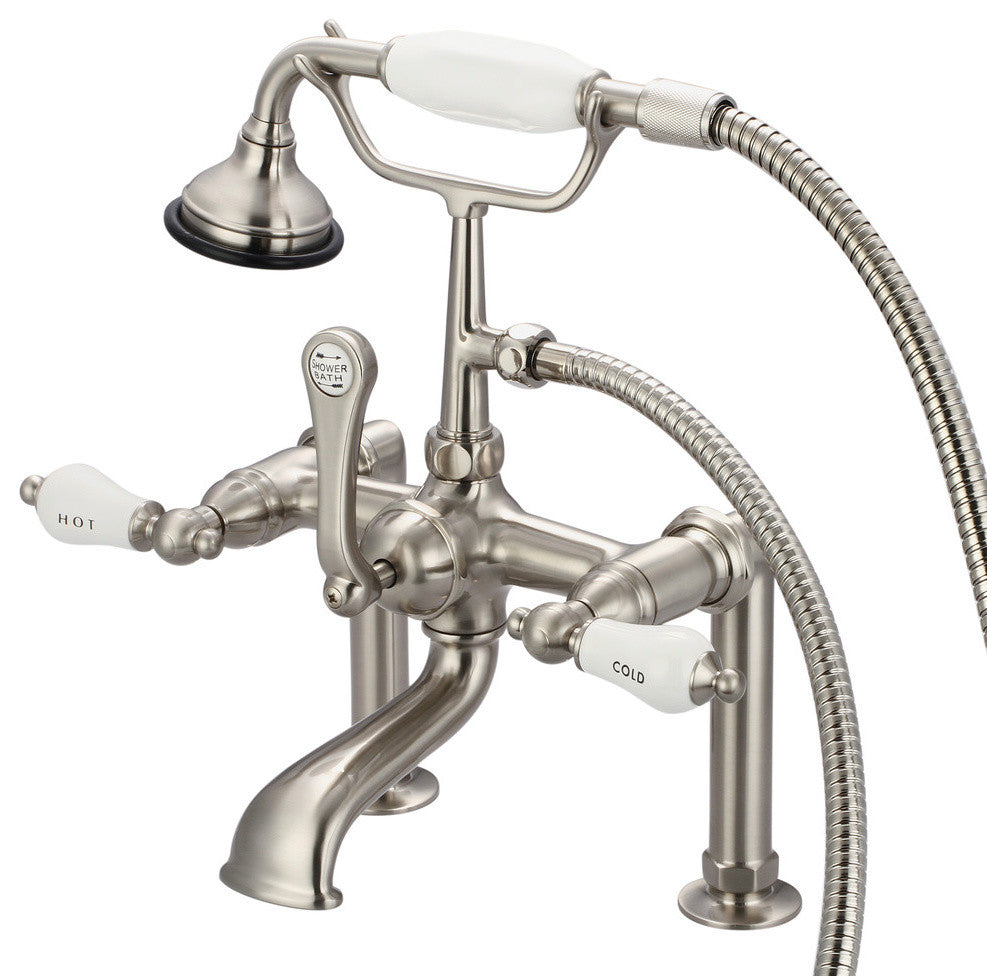 Vintage 7" Spread Deck Mount Tub Faucet w/Risers & Handshower, H&C Lever handles