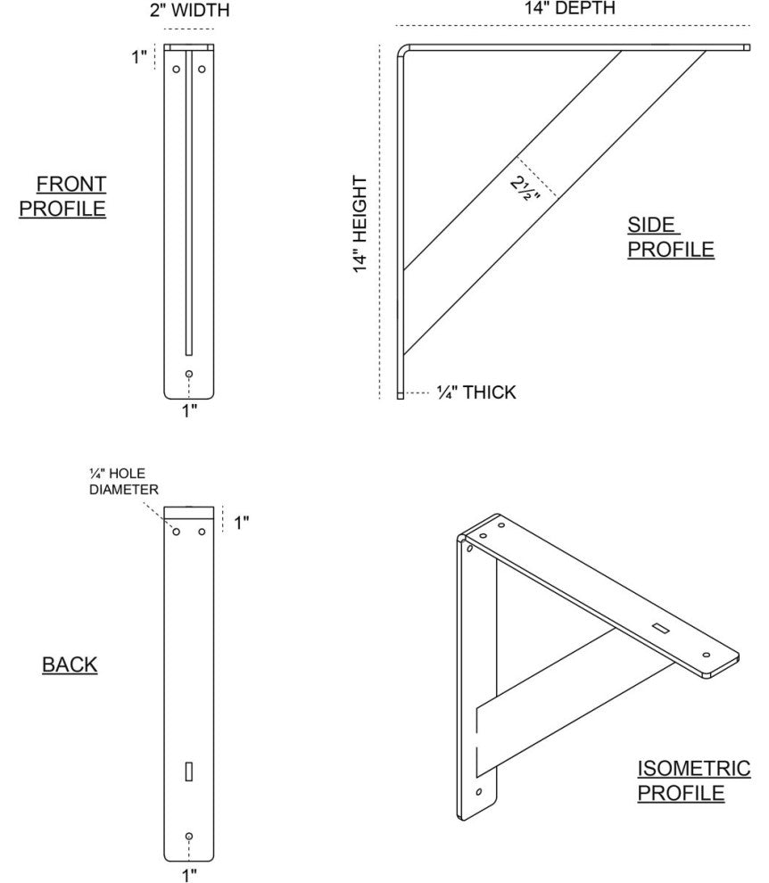 2"W x 14"D x 14"H Traditional Bracket, Stainless Steel