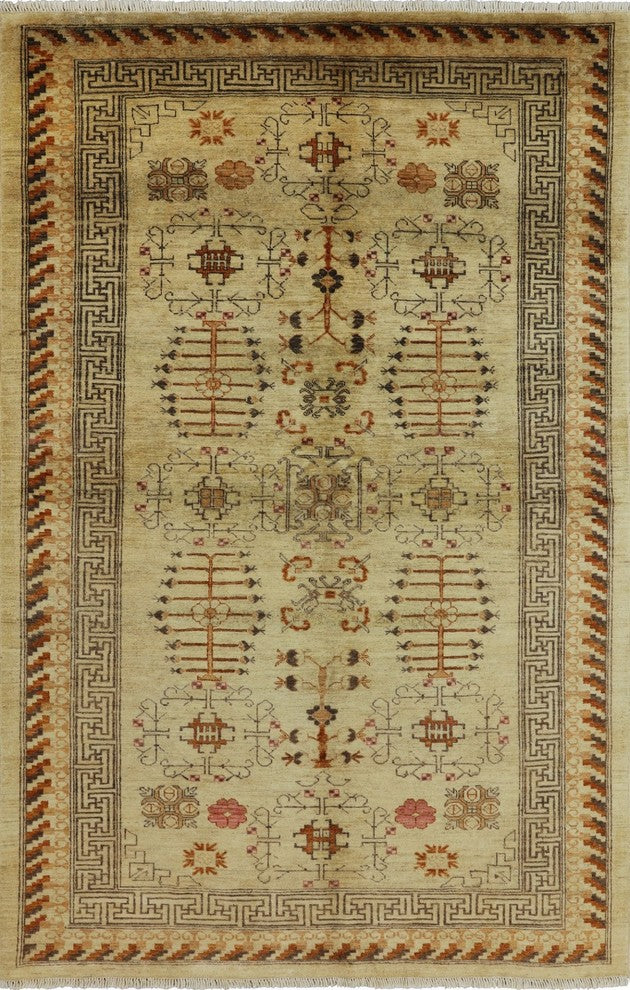 Oushak Style Peshawar Chobi Hand-Knotted Persian Wool Rug, 6'x9'