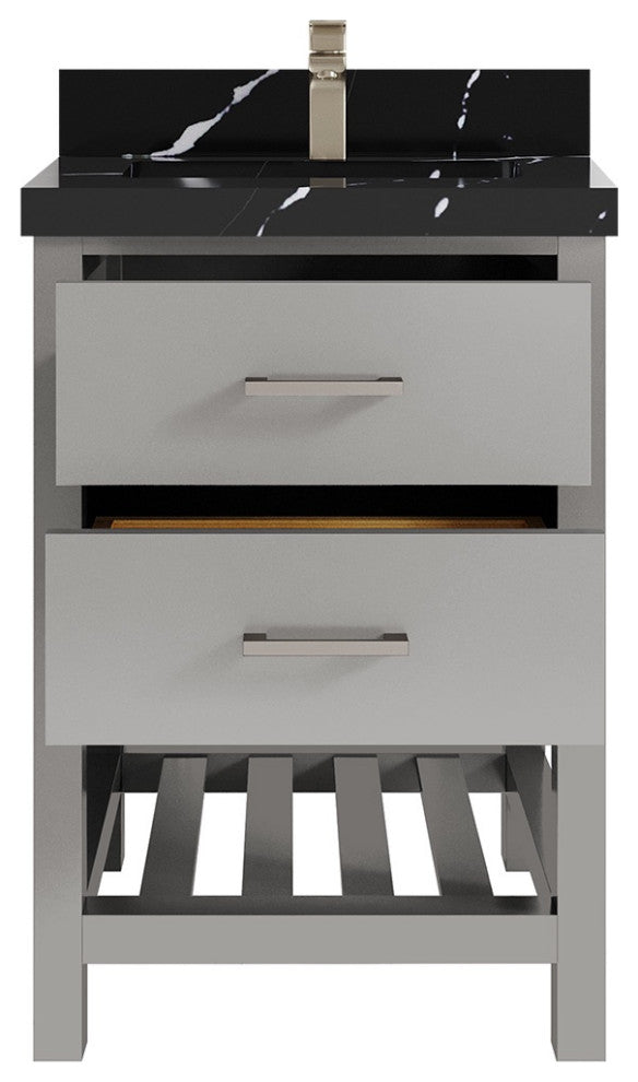 Parker 24" Single Sink Bath Vanity, Elephant Skin Gray 2" Calacatta Black